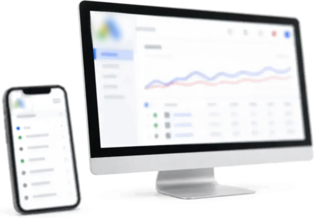 Abstract desktop and mobile Google Ads interface with softly blurred data