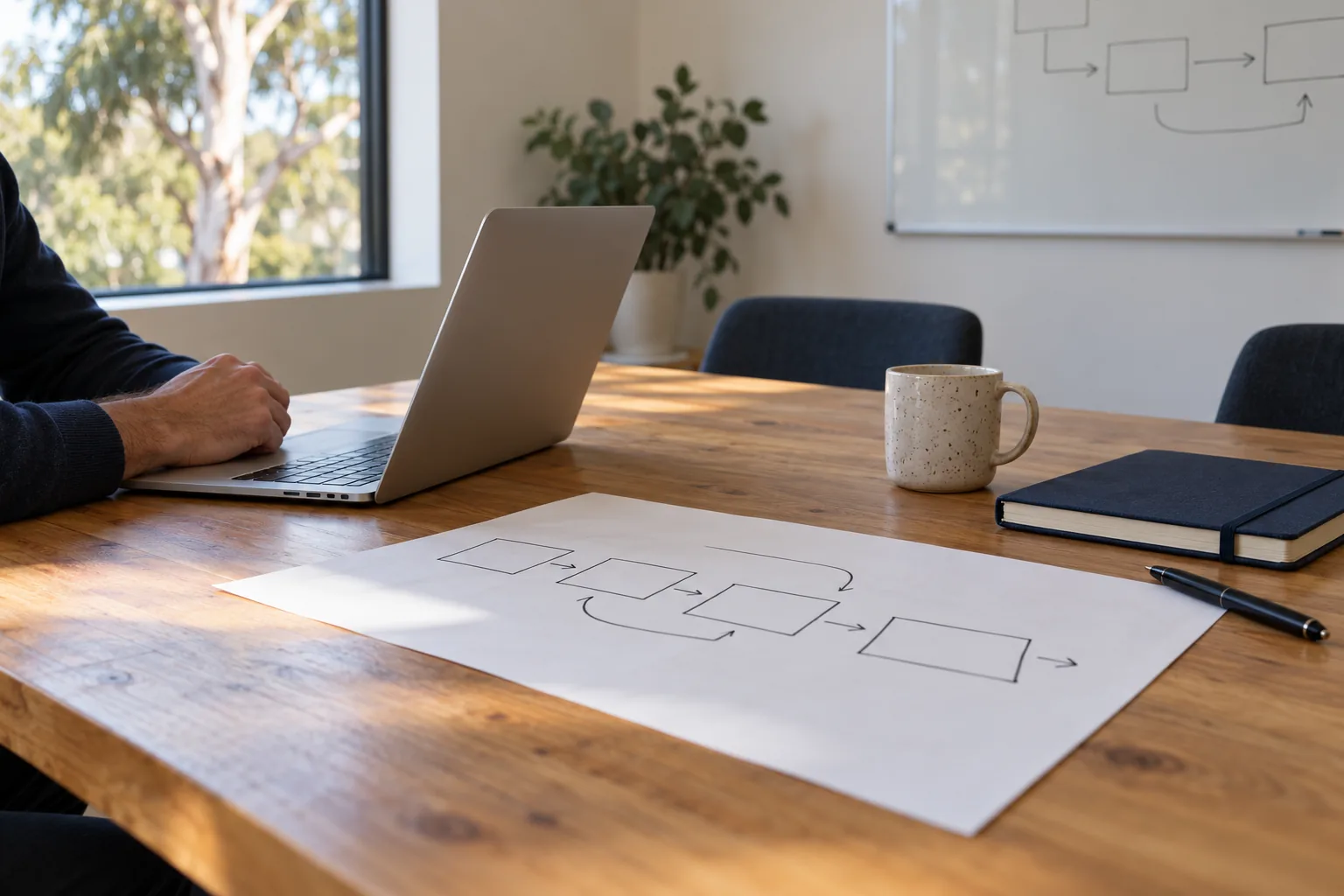 A laptop on a timber meeting table beside a printed flow chart of boxes and arrows, with a whiteboard behind.