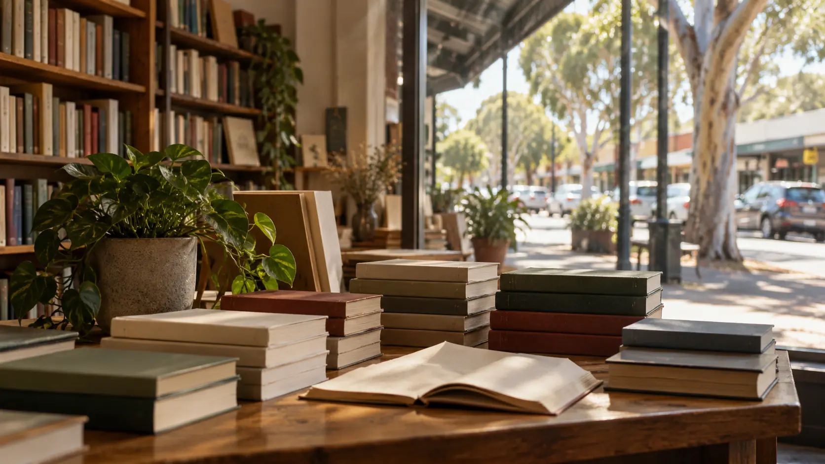 The front table of a small bookshop with stacks of plain books and one left open, and a sunny street with gum trees outside.