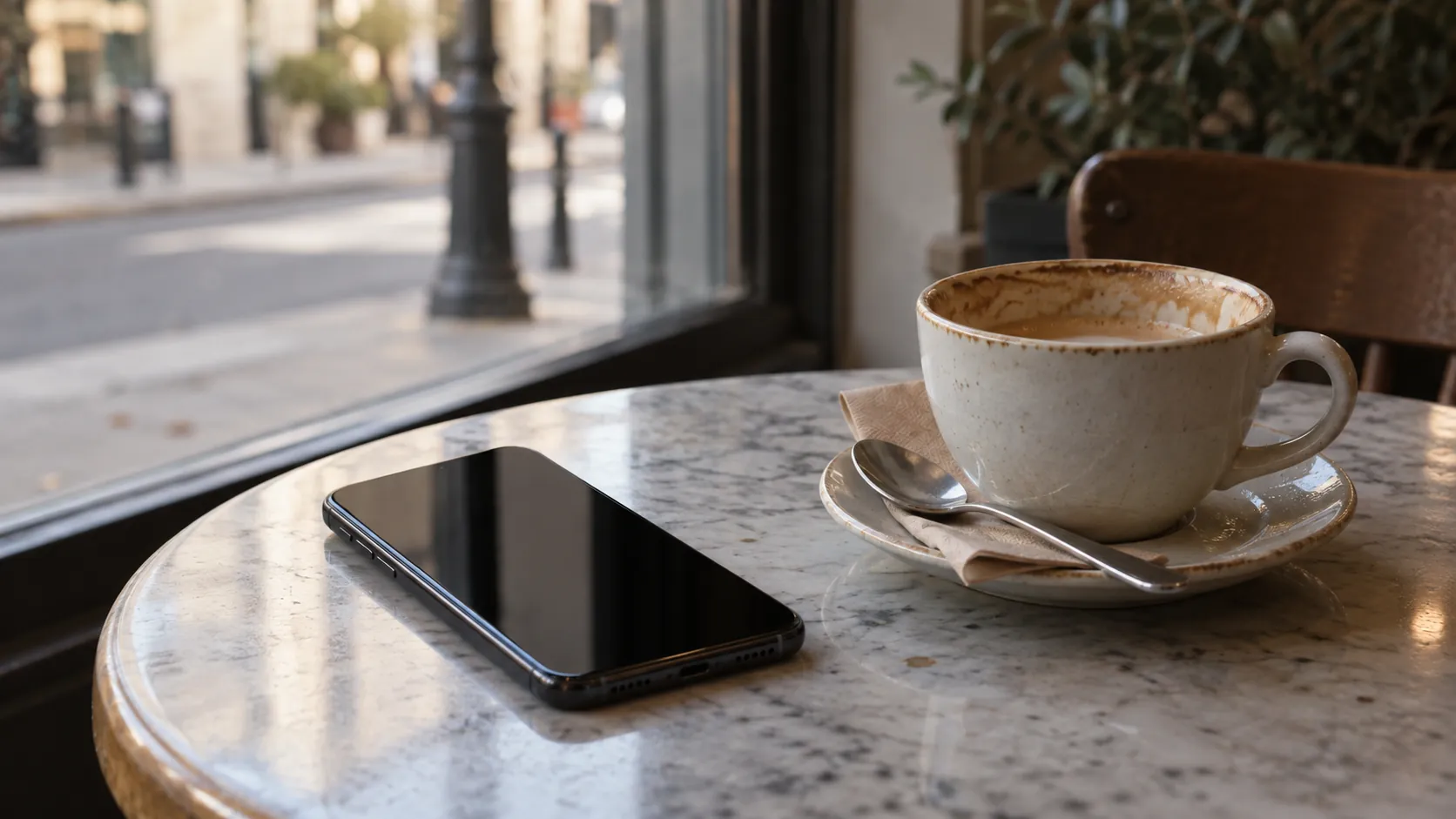 A phone lying face down on a marble café table beside a finished cup of coffee, with a quiet street outside the window.