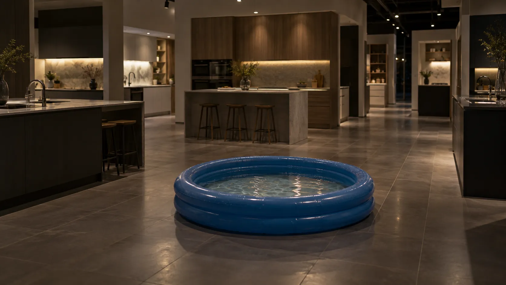 A closed kitchen showroom at night with a blue paddling pool in the middle of the floor.