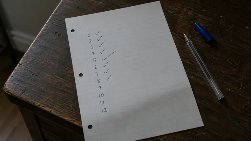 A handwritten numbered list on lined paper, most items ticked, with a pen beside it on a wooden desk.