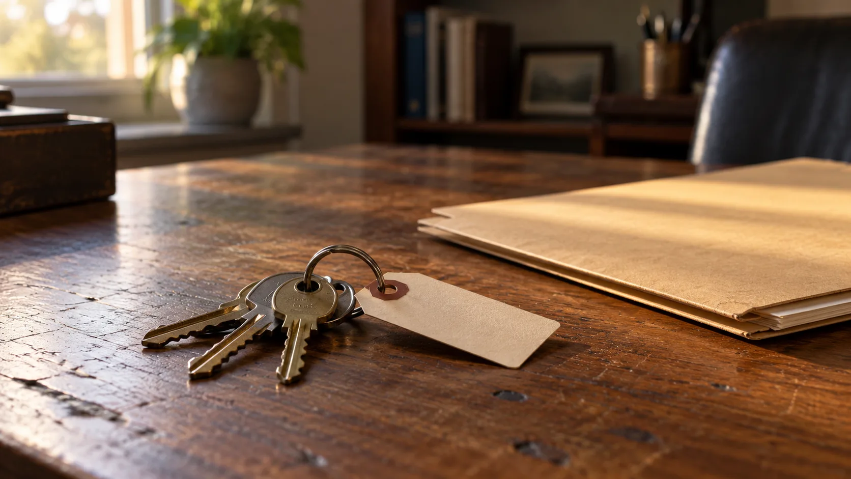 A ring of keys with a blank paper tag on a wooden desk, beside a closed manila folder.