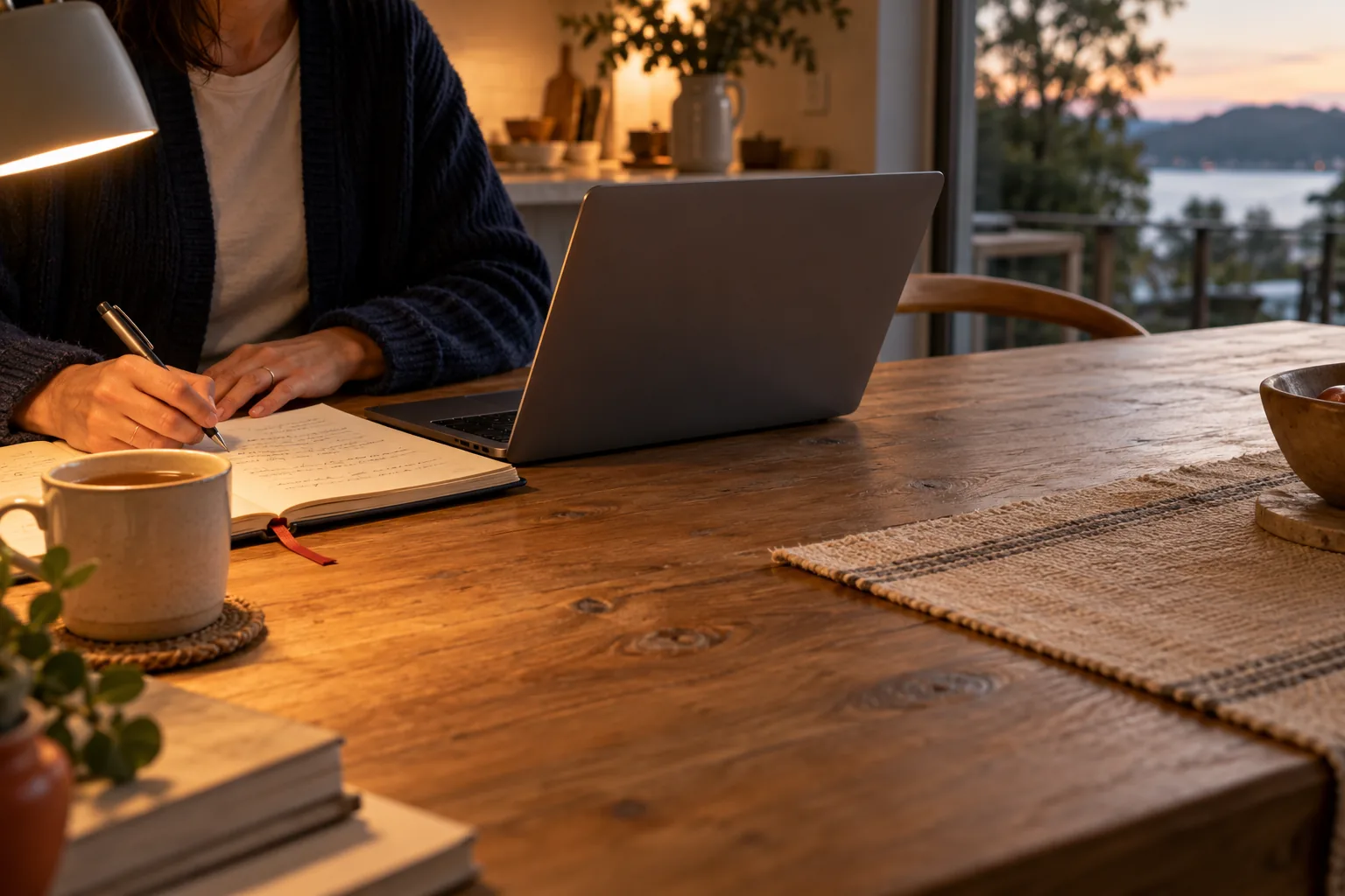 Someone taking notes beside a laptop at a kitchen table at dusk.