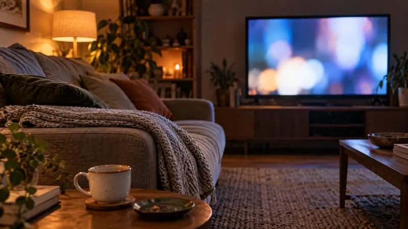 A living room in the evening, with a television playing to an empty couch and a cup of tea on the table.