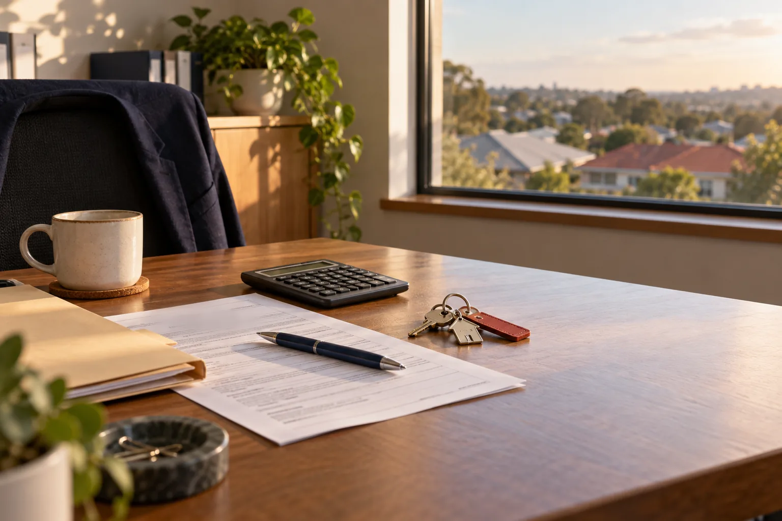 A broker's desk with a loan form, a calculator and a set of house keys, by a window overlooking suburban rooftops.