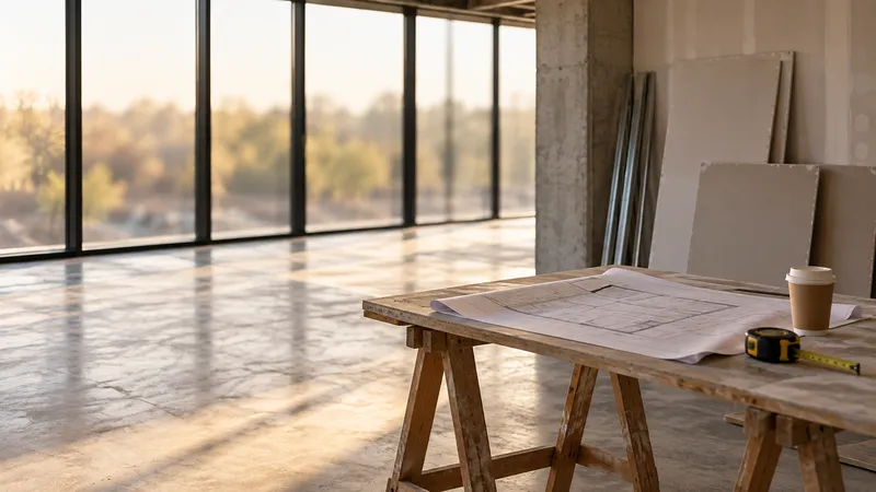 An empty office floor partway through a fit-out, with a floor plan, a tape measure and a coffee cup on a trestle table by large windows.