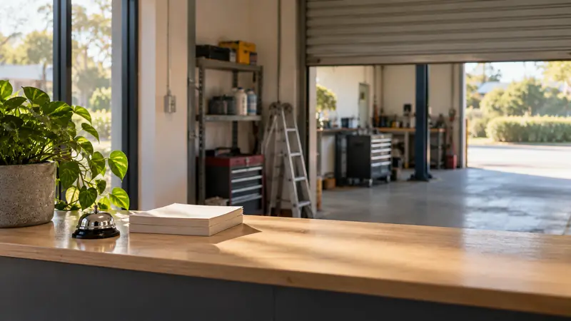 The front counter of a garage door repair business with a bell and a stack of blank forms, and a roller door open to a tidy workshop.