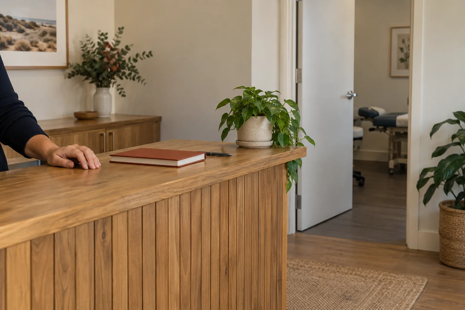 Reception counter of an allied health clinic, with a treatment room through the open door.