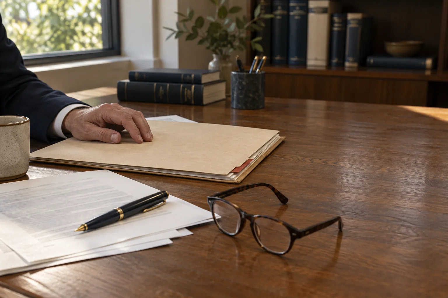 A lawyer’s desk with a manila folder, papers, a fountain pen, reading glasses and bound law books behind.