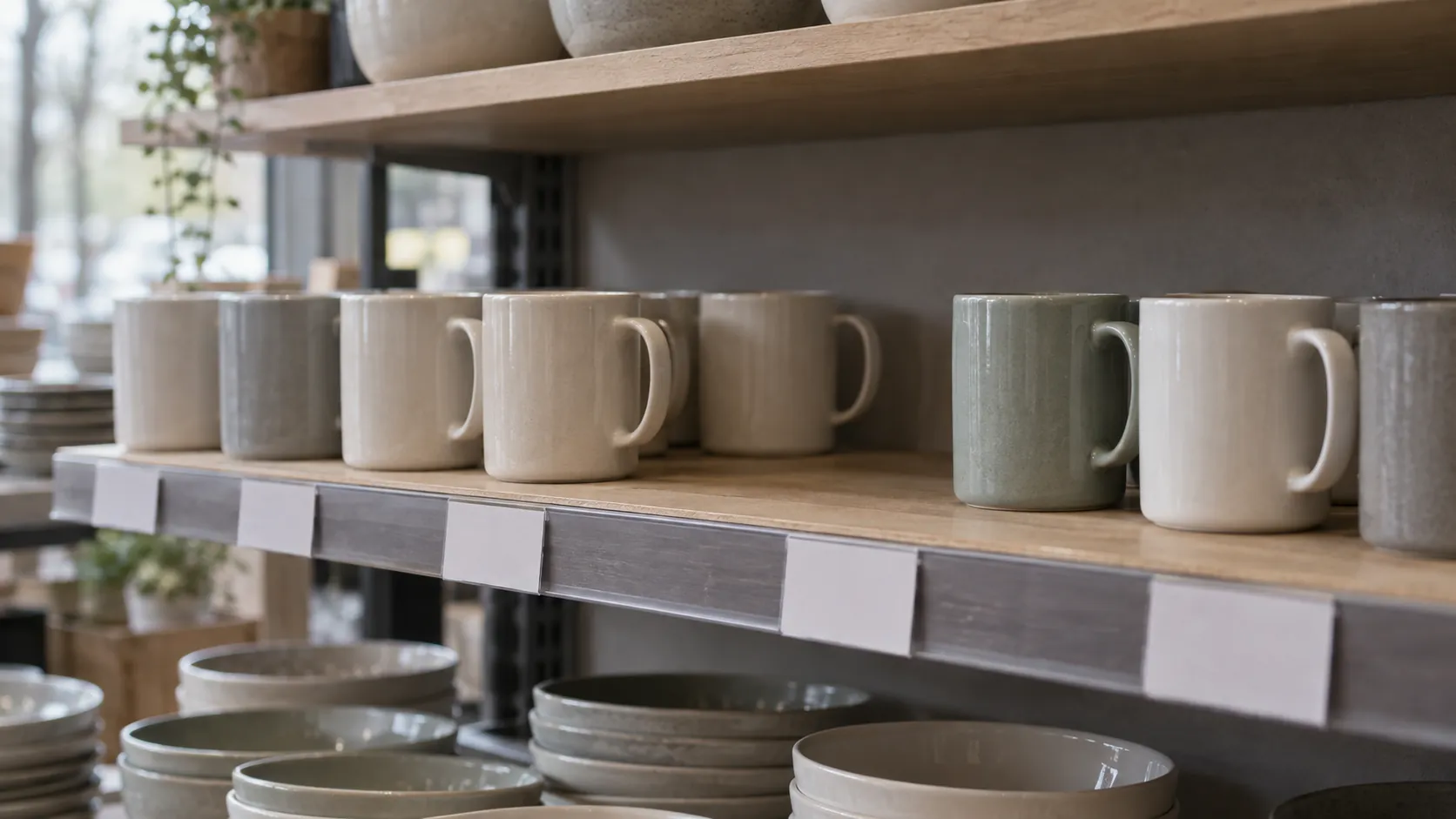 A shop shelf with a row of plain ceramic mugs in soft neutral colours, with blank price tags on the shelf edge.