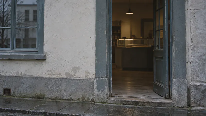 An open shop door on a wet street, with the lights on and nobody inside.