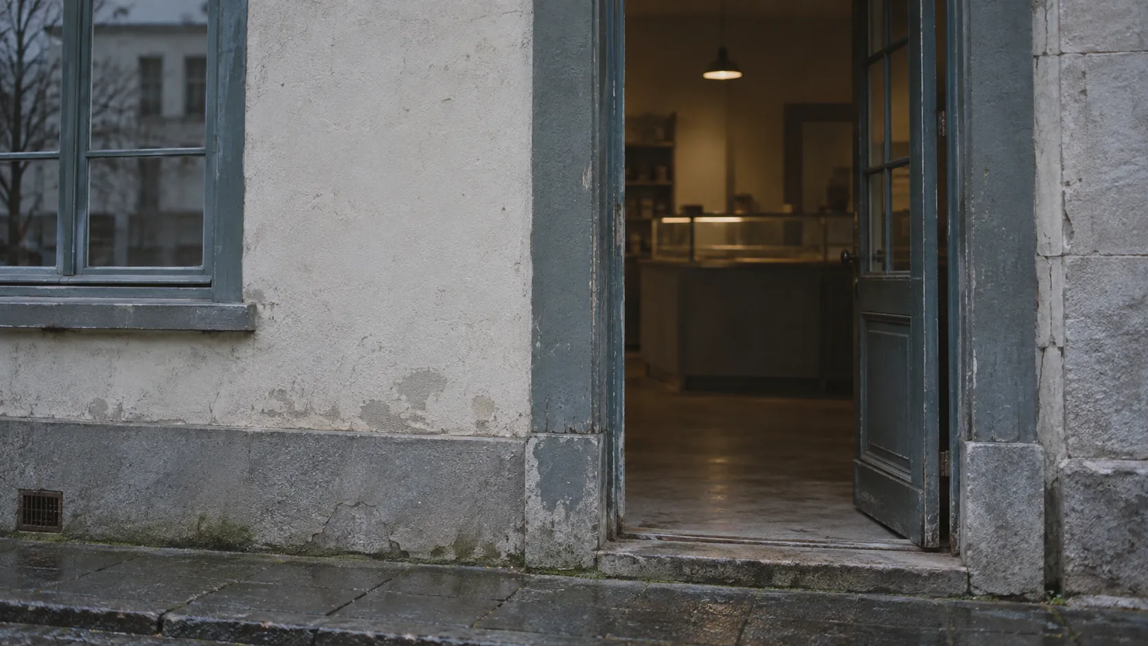 An open shop door on a wet street, with the lights on and nobody inside.