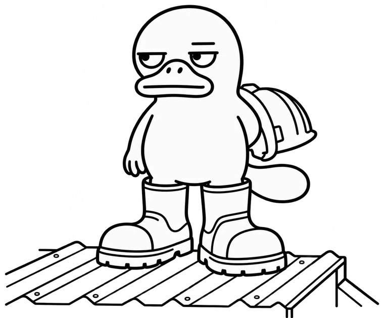 Plotti the platypus in big work boots, holding a hard hat, standing on a tin roof
