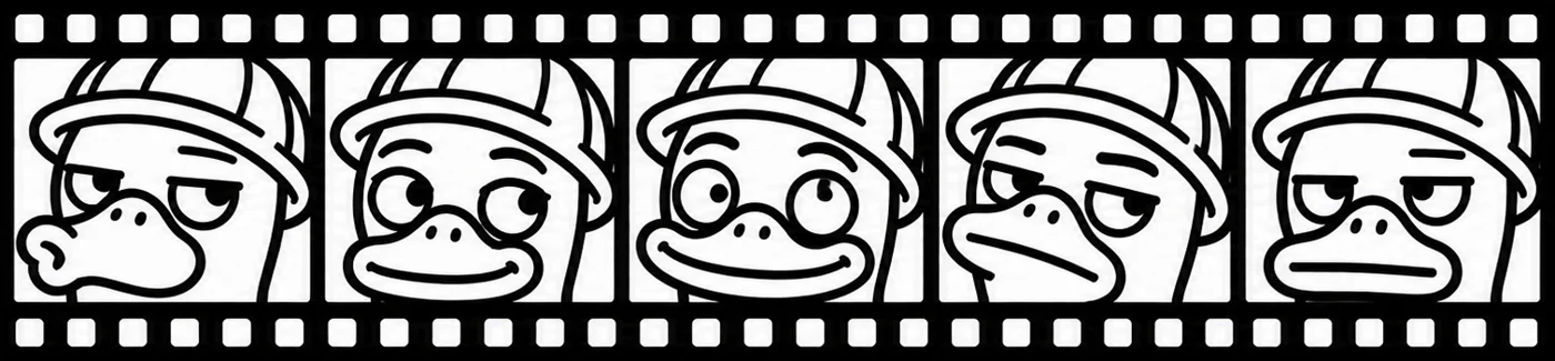 A film strip of five Plottis in hard hats, each pulling a different face