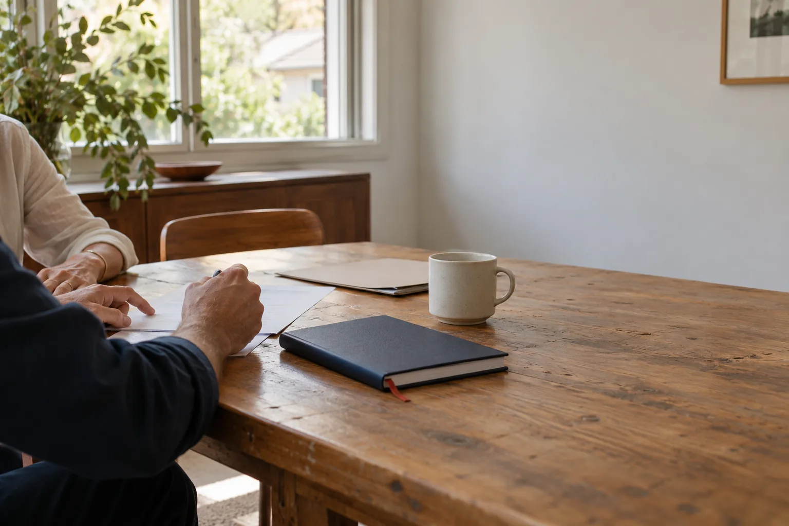 Two people going through papers at a timber table, with a coffee cup and a navy notebook.
