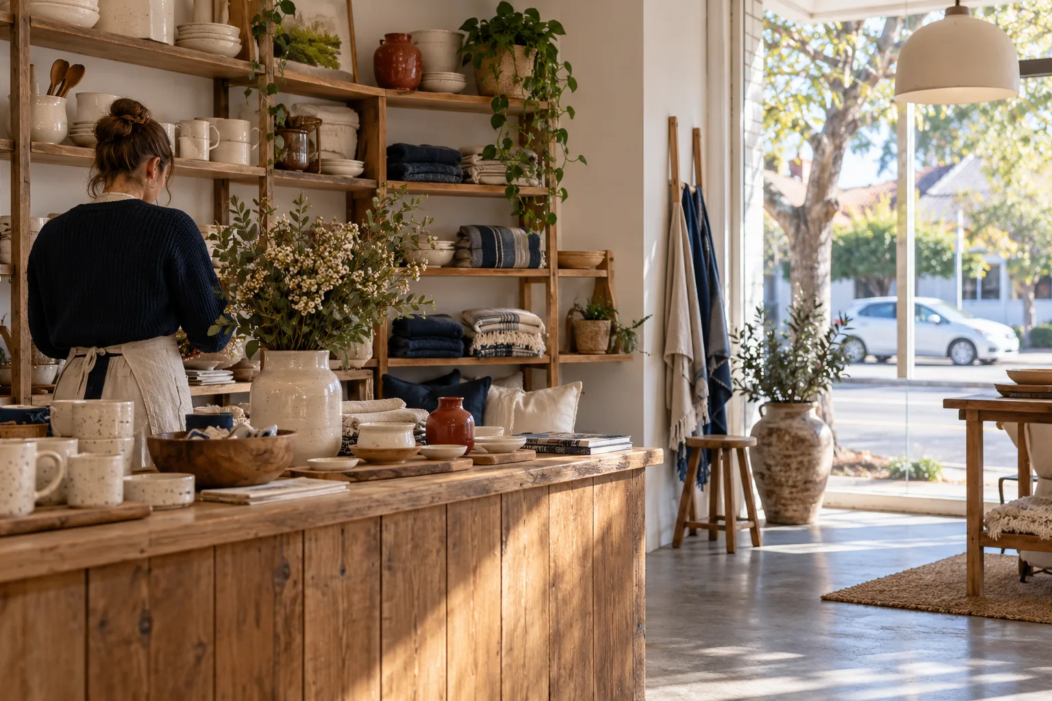 Inside a small retail store, with products on shelves and the counter near the window.