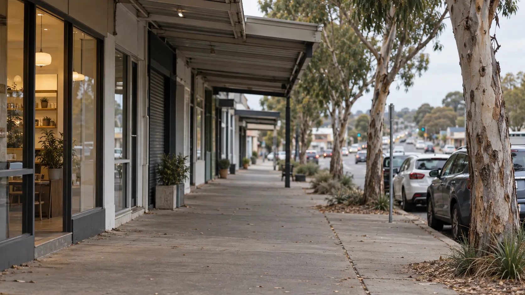 A quiet row of suburban shops under a footpath awning, with gum trees and parked cars along the street.