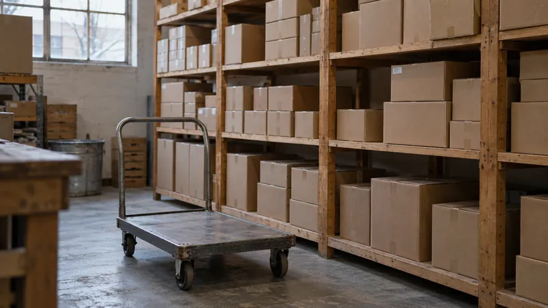 A small stockroom with wooden shelves full of plain cardboard boxes and an empty trolley in front.