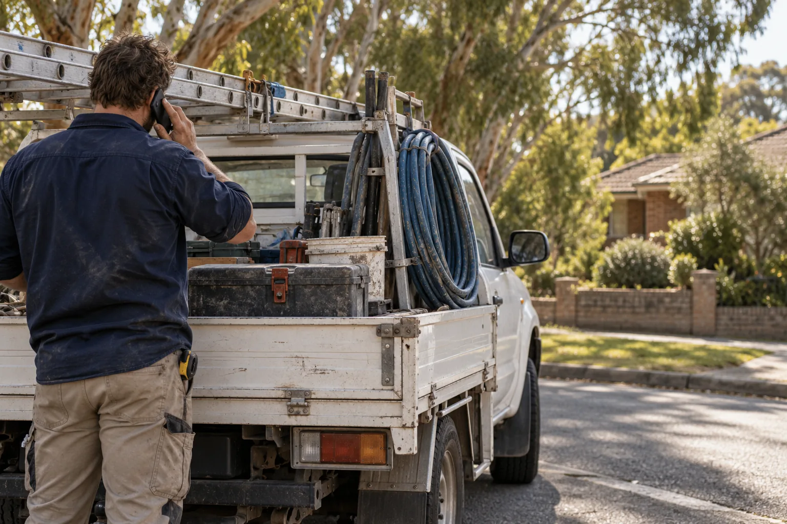 A tradie on the phone beside his work ute, loaded with a ladder, hose and toolbox, in a suburban street.