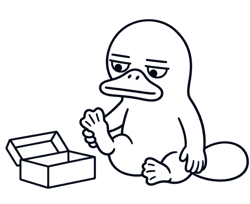 Plotti the platypus sitting barefoot, holding his foot, next to an empty shoe box
